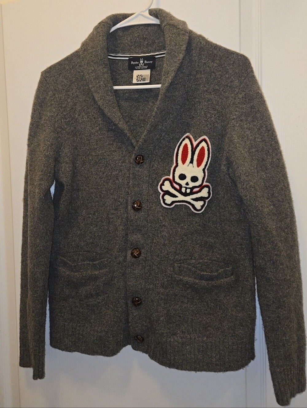 Psycho Bunny Men's Grey Shawl Collared Wool Cardigan with Patch